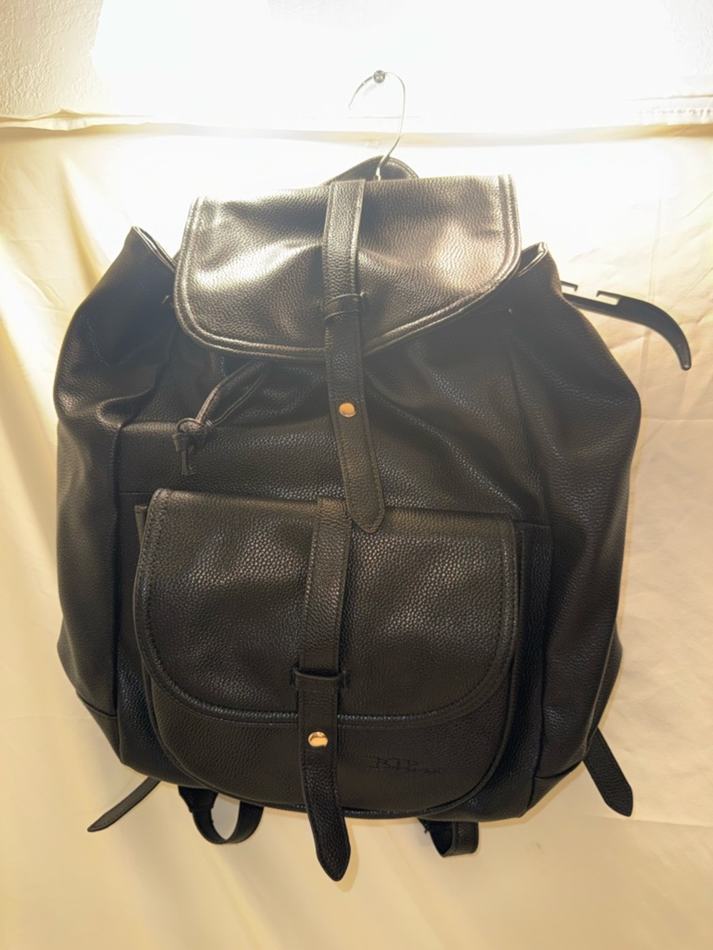 Bella Russo Black Leather Drawstring Backpack with Front Pocket